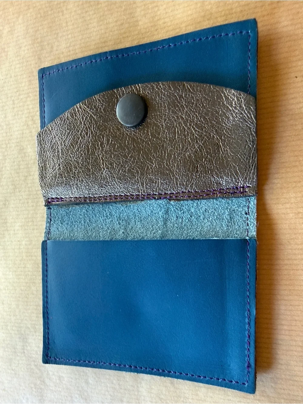 Blue Faux Fur Compact Leather Wallet